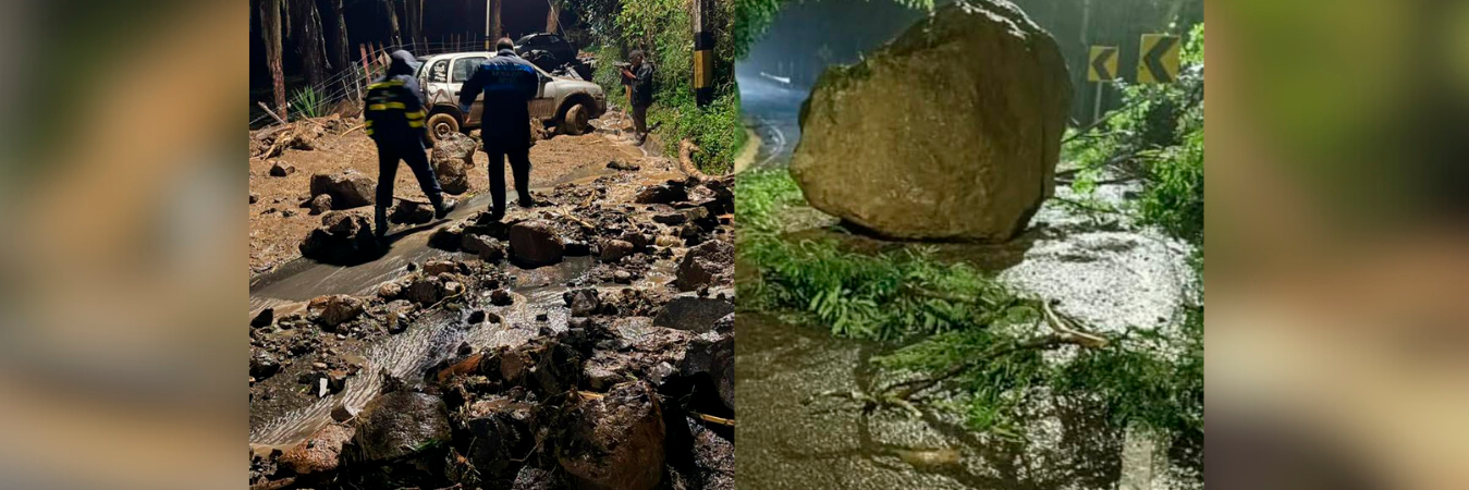 En San Félix la corriente arrastró varios carros y en la vía a Bolombolo una piedra gigante bloqueó el paso. /FOTOS: MEDELLÍN OSCURA Y ALCALDÍA DE BELLO