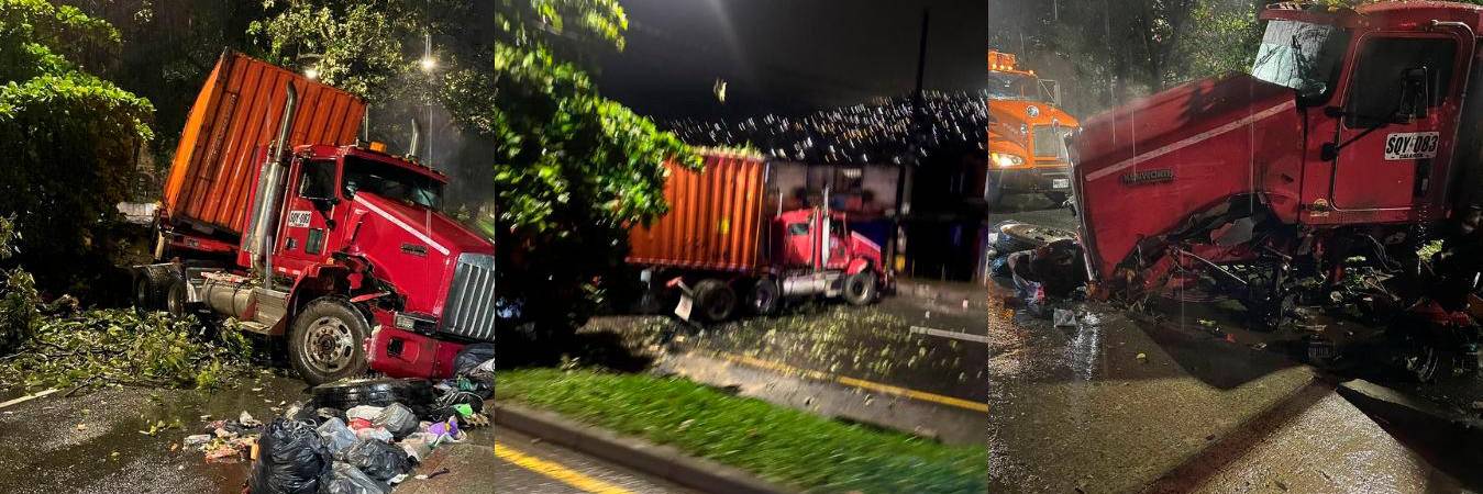 El vehículo quedó atravesado de tal manera que bloqueó el paso del carril completo. /FOTOS: CORTESÍA DENUNCIAS ANTIOQUIA. 