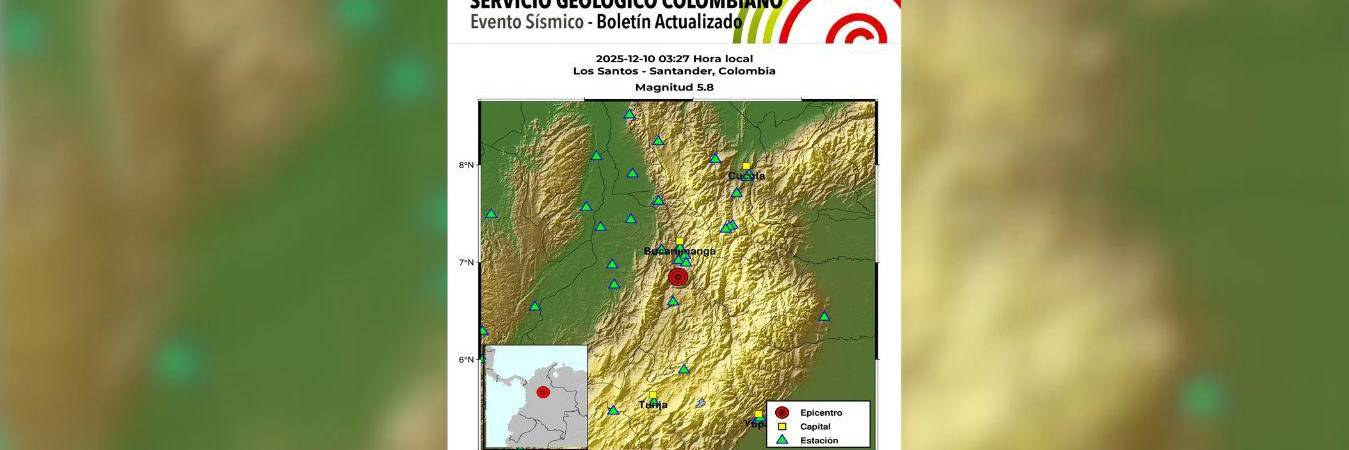 El Servicio Geológico Colombiano confirmó que el evento tuvo una magnitud de 5,8 y su epicentro fue el municipio de Los Santos. IMAGEN: SERVICIO GEOLÓGICO COLOMBIANO