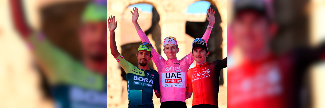 El podio del Giro de Italia lo conformaron el esloveno Tadej Pogacar (centro), Daniel Felipe Martínez (izquierda) y el británico Geraint Thomas (derecha). / FOTO: GIRO DE ITALIA
