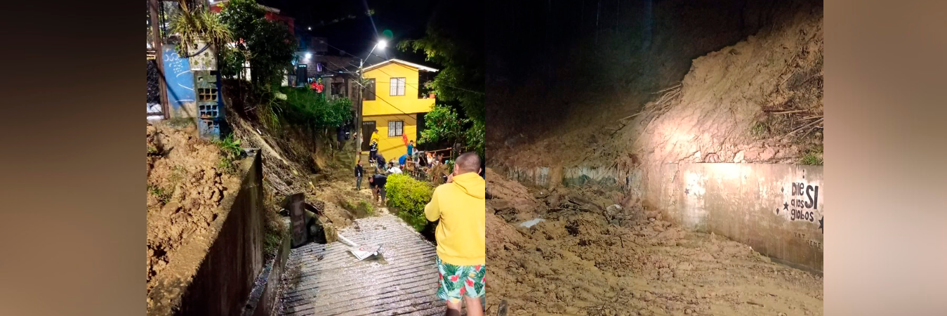 Los movimientos en masa bloquearon completamente la vía en Aguas Frías y la vereda Buga. /FOTOS: DAGRD. 