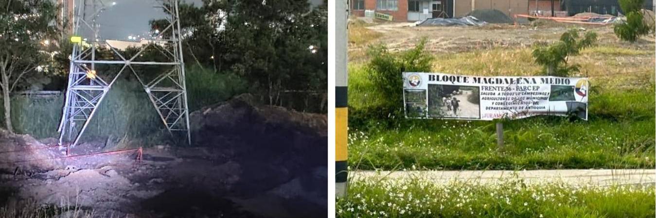 Así quedó la torre tras la explosión y dejaron una pancarta alusiva al Bloque Magdalena Medio. / FOTO: DENUNCIAS ANTIOQUIA