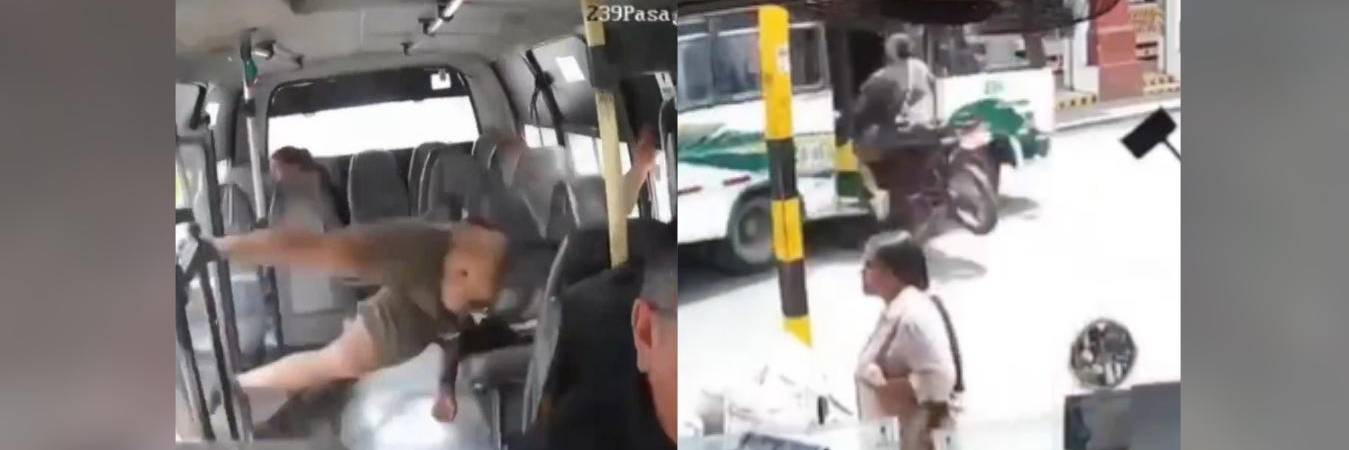 El hombre se estrelló en su moto contra un costado del bus y aterrizó en los asientos delanteros. FOTO: CAPTURA DE VIDEO