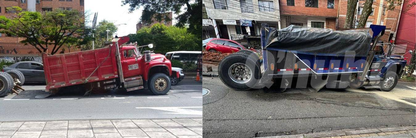 A la derecha, la volqueta que perdió su troque en el 20 de Julio; a la izquierda, la que sufrió el mismo problema en Buenos Aires. FOTO: CORTESÍA DENUNCIAS ANTIOQUIA Y SEBASTIÁN URREA 