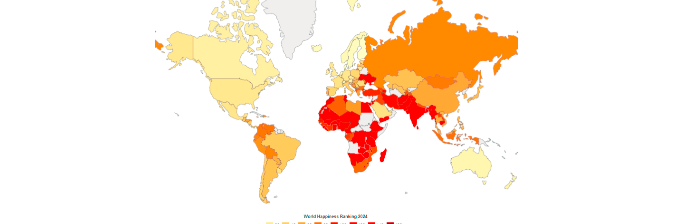 El mapa clasifica a los países por su nivel de felicidad. / FOTO: CAPTURA DE PANTALLA
