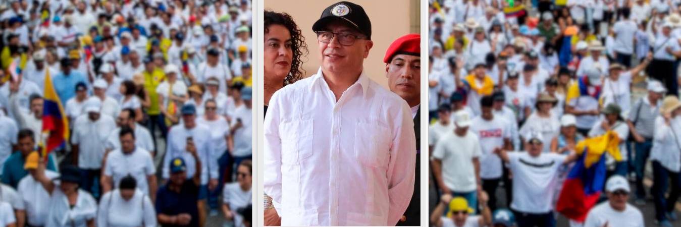 Al fondo las marchas de este domingo en Medellín. Adelante el presidente Gustavo Petro. /FOTOS: JAIME PÉREZ MUNÉVAR Y PRESIDENCIA DE VENEZUELA