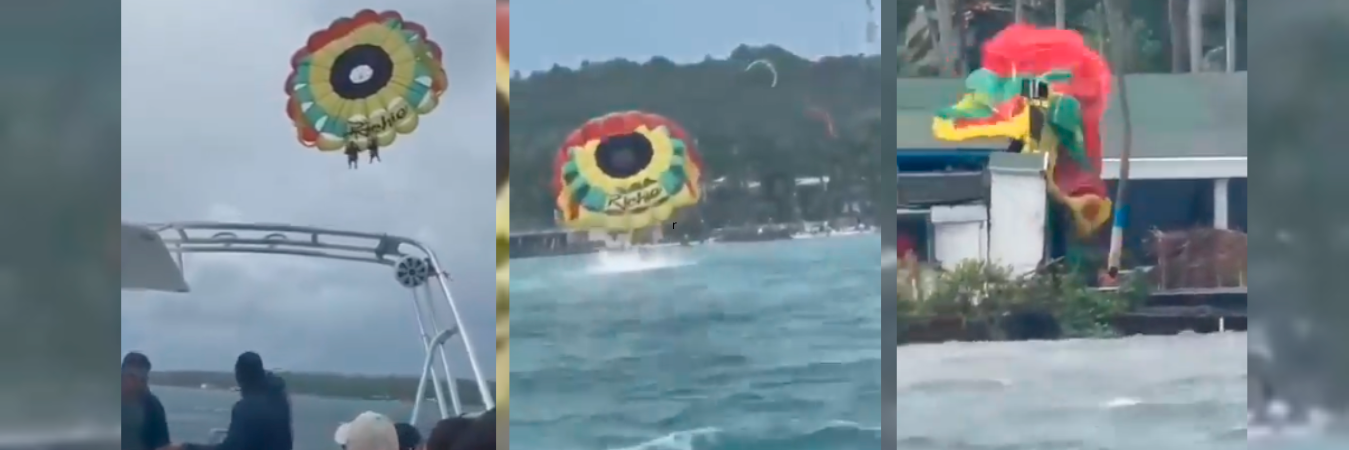 Momento en el que la pareja se accidenta en el parasail: /FOTO: TOMADA DE VIDEO 