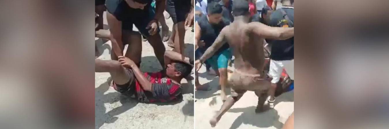 Hasta las mujeres se metieron a golpear al sujeto que habría realizado tocamientos a menores en una playa de Santa Marta. FOTO: CAPTURA VIDEO @LUCHOVOLTIOS