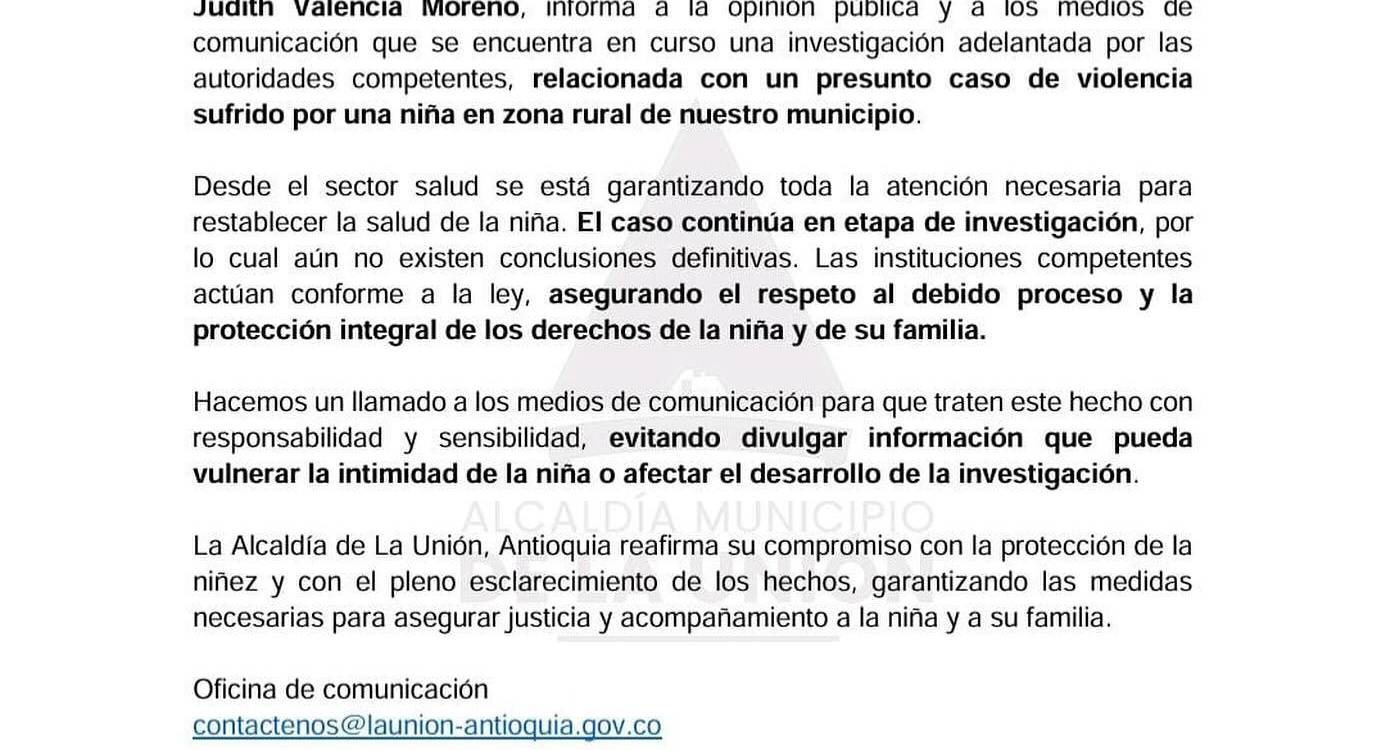 Comunicado sobre la menor víctima de abuso en La Unión. FOTO: ALCALDÍA DE LA UNIÓN