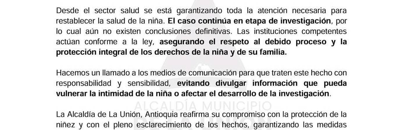 Comunicado sobre la menor víctima de abuso en La Unión. FOTO: ALCALDÍA DE LA UNIÓN 
