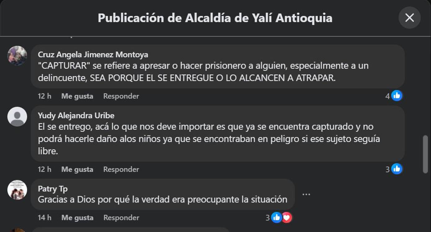 Comentarios en redes sociales de la Alcaldía de Yalí sobre captura del presunto feminicida. FOTO: TOMADA DE FACEBOOK ALCALDÍA DE YALÍ