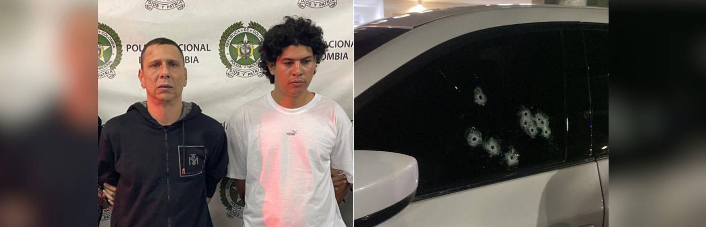 Los dos sujetos tras ser capturados por la Policía y el carro baleado de la víctima. /FOTOS: ALCALDÍA DE ITAGÜÍ