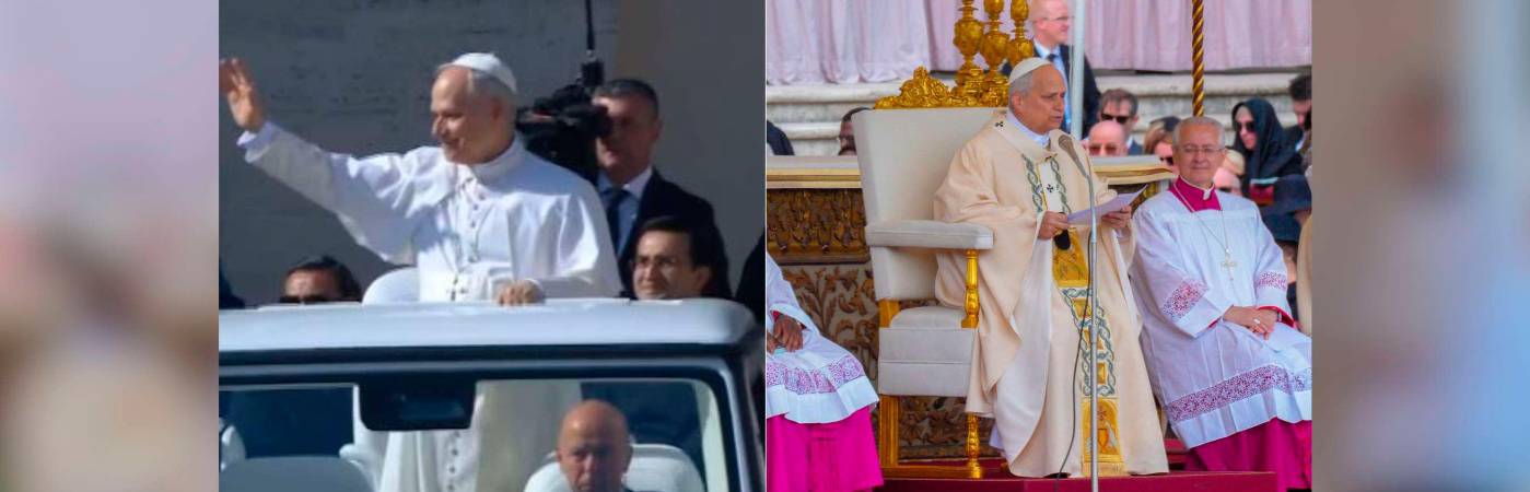 El papa León XIV en el papa móvil y luego de recibir el Palio y el Anillo del Pescador. /FOTO: CAPTURA DE VIDEO Y PRESIDENCIA DE COLOMBIA