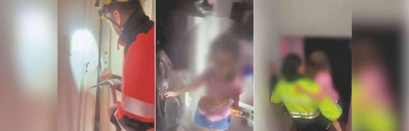 Unidades del Cuerpo Oficial de Bomberos Medellín fueron las encargadas de abrir la puerta de la casa donde estaba sola la menor de edad que fue sacada por policías de Infancia y Adolescencia. / FOTO: CAPTURAS DE VIDEO POLICÍA