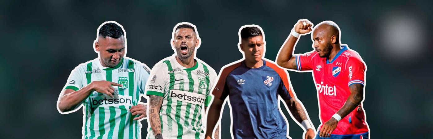 Alfredo Morelos y Edwin Cardona, de Atlético Nacional, y Julián Millán y Diego Herazo, de Nacional de Uruguay. /FOTOS: ATLÉTICO NACIONAL Y CLUB NACIONAL