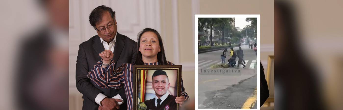 El presidente Gustavo Petro nuto a Jenny Alejandra Medina, madre de Dilan Cruz. En el recuadro el momento en el que el joven cayó herido. FOTOS: COLPRENSA - ÁLVARO TAVERA Y CAPTURA DE VIDEO SEÑAL COLOMBIA.