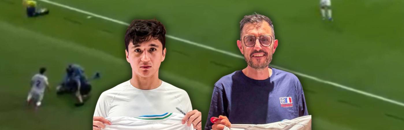 Abdukodir Khusanov, defensor de Uzbekistan (izq.), posó con la camiseta antes de regalarla al camarógrafo lesionado (der.). FOTOS: INSTAGRAM @uzbekistanfa