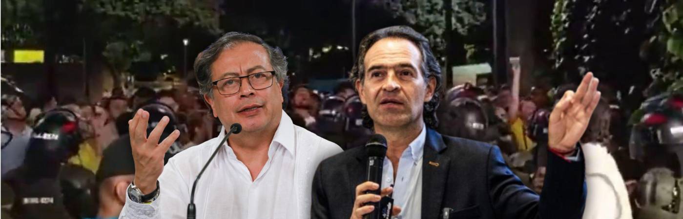 Al fondo se ve la fuerza pública ejerciendo control para los que ingresaban al escrutinio. Adelante: Gustavo Petro y Federico Gutiérrez. FOTO: TOMADA DE X @ZPOST1A (FONDO), ROCHI (PETRO) Y JUAN ANTONIO SÁNCHEZ (GUTIÉRREZ)