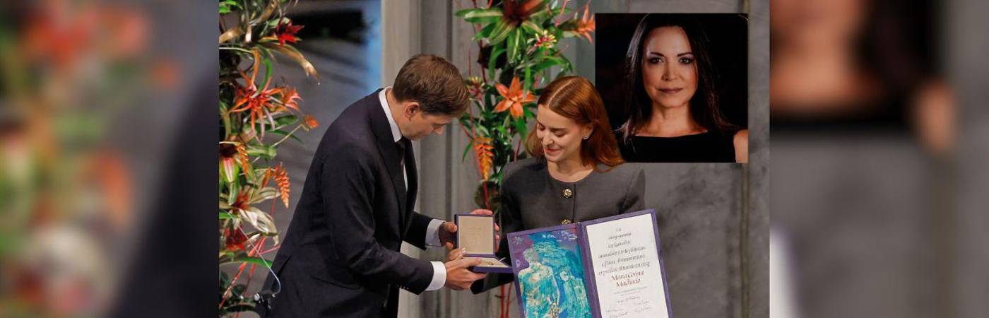 Ana Corina Sosa fue la representación de María Corina en la ceremonia de entrega del Premio Nobel. FOTO: AFP