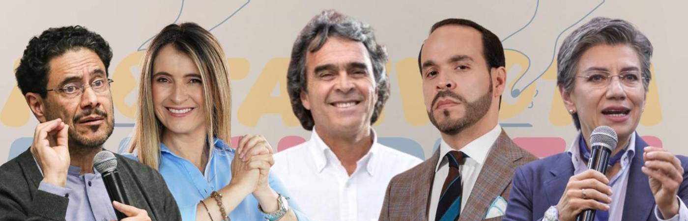 De izq. a der.: Iván Cepeda, Paloma Valencia, Sergio Fajardo, Abelardo de la Espriella y Claudia López. FOTOS: COLPRENSA Y X @sergio_fajardo