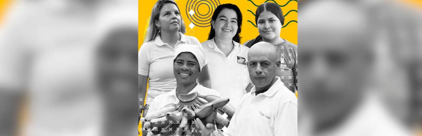 En la foto, de Izq. a Der., Gabriela Trujillo, María Medonza, María Victoria Vallejo, Estefanía Úsuga y Luis Carlos Cavadia. Ellos nos cuentan sus historias sobre cómo es y ha sido trabajar en el sector bananero. /FOTOS: DANILO GÓMEZ COGOLLO