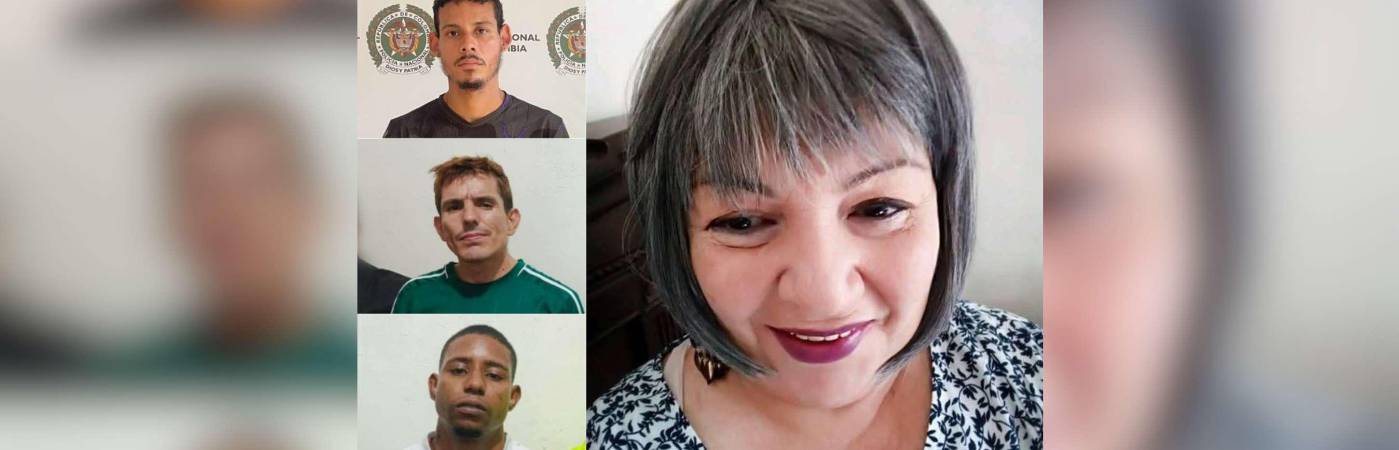 De arriba a abajo: Juan Camilo Carvajal Burbano, alias Gafas; Deiby Yulián Posso Pretel, alias Cali, y Yuván Daniel Arenas Gómez, alias el Mello. A la derecha: María Victoria Correa Ramírez. /FOTOS: CORTESÍA
