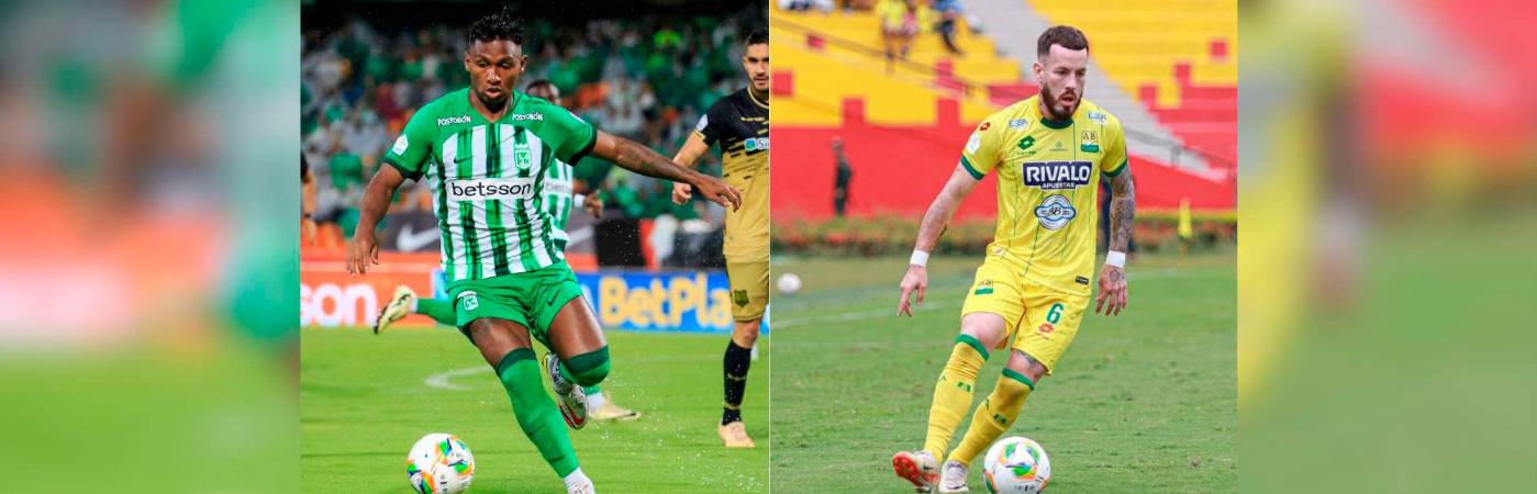 Alfredo Morelos (Izq.) ajusta 2 goles y 1 asistencia con la camiseta de Nacional. Santiago Jiménez (der.) ha jugado 8 de los 9 partidos del Bucaramanga en el Finalización. /FOTOS: CAMILO SUÁREZ Y CORTESÍA