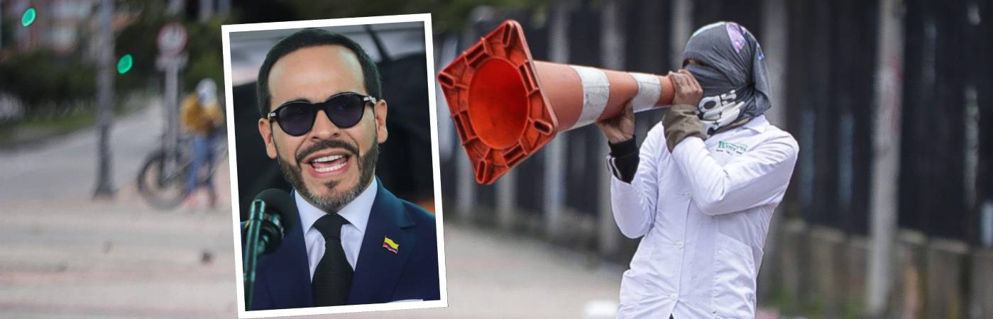 El presidente Abelardo de la Espriella y de fondo una jornada de protesta. FOTOS: COLPRENSA Y UNIVERSIDAD NACIONAL