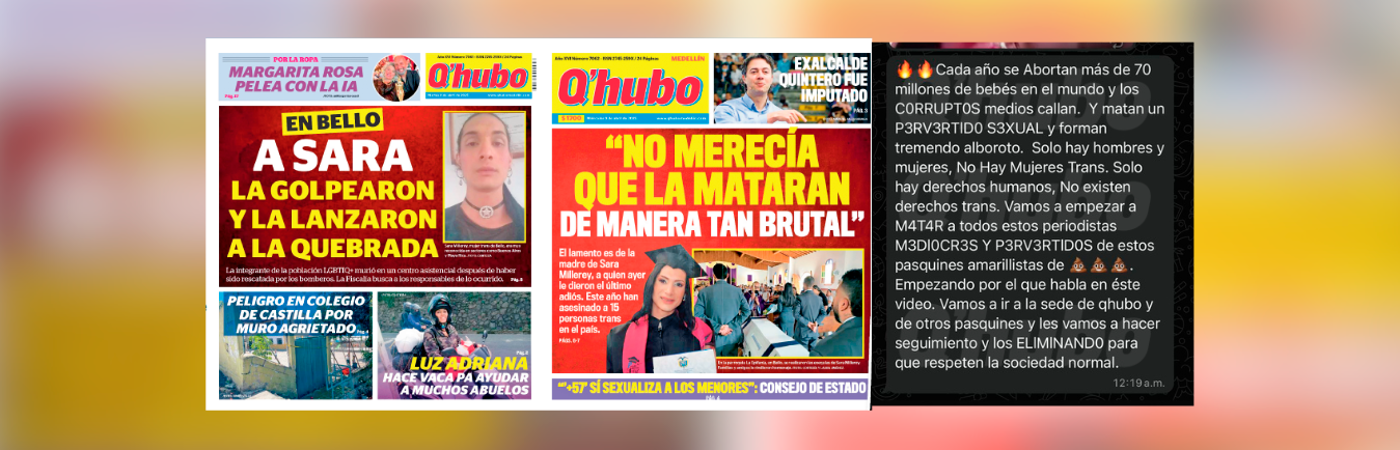 Estas son las 2 portadas de Q’HUBO donde se registró el homicidio de Sara Millerey ocurrido enBello, y el mensaje amenazante que llegó a las redes sociales de Q’HUBO. / IMÁGENES: Q’HUBO MEDELLÍN