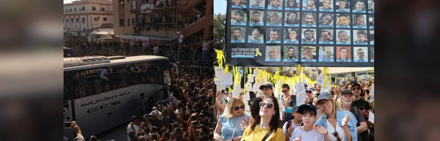 Palestinos e israelíes celebraron la llegada de los liberados a sus respectivos territorios. /FOTOS: TOMADAS DE X @delpynews y @teleSURtv