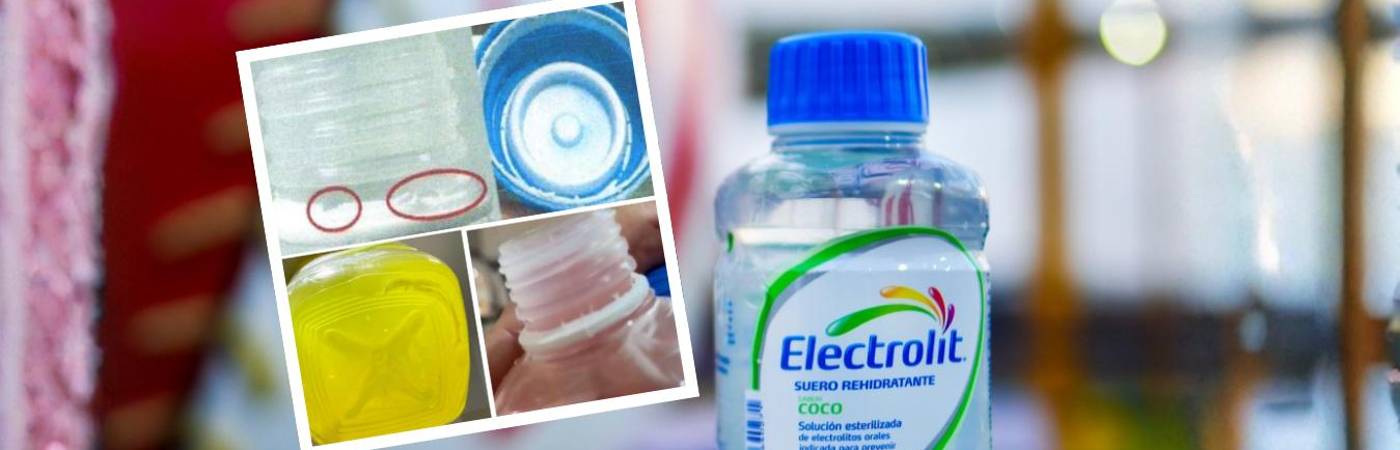 Suero Electrolit con inconsistencias en sabor y sellado. FOTO: TOMADA DE X @ELECTROLIT (FONDO) Y CORTEÍA INVIMA (DETALLE)
