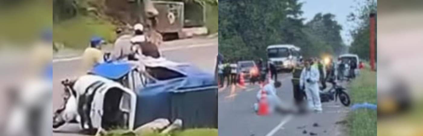 Accidente de motocarguero en Zaragoza (izq.) y accidente en Turbo dejó tres fallecidos (der.). FOTOS: TOMADA DE NP NOTICIAS ONLINA (IZQ.) Y CARACOL RADIO MEDELLÍN (DER.)