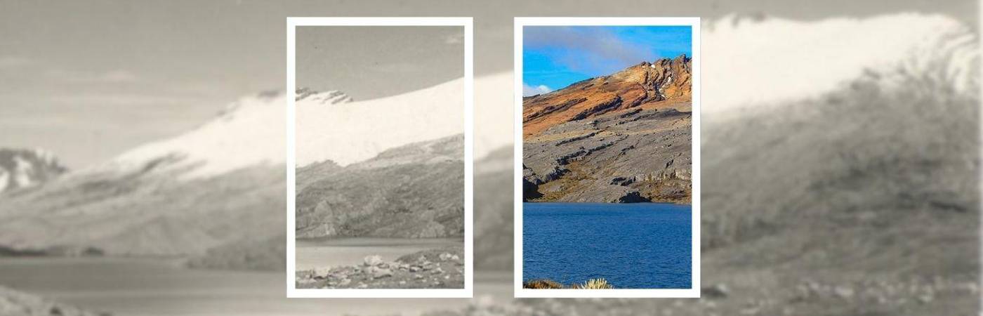 A la izquierda, el glaciar en el 1959. A la derecha, el glaciar en el 2023. FOTOS: IDEAM