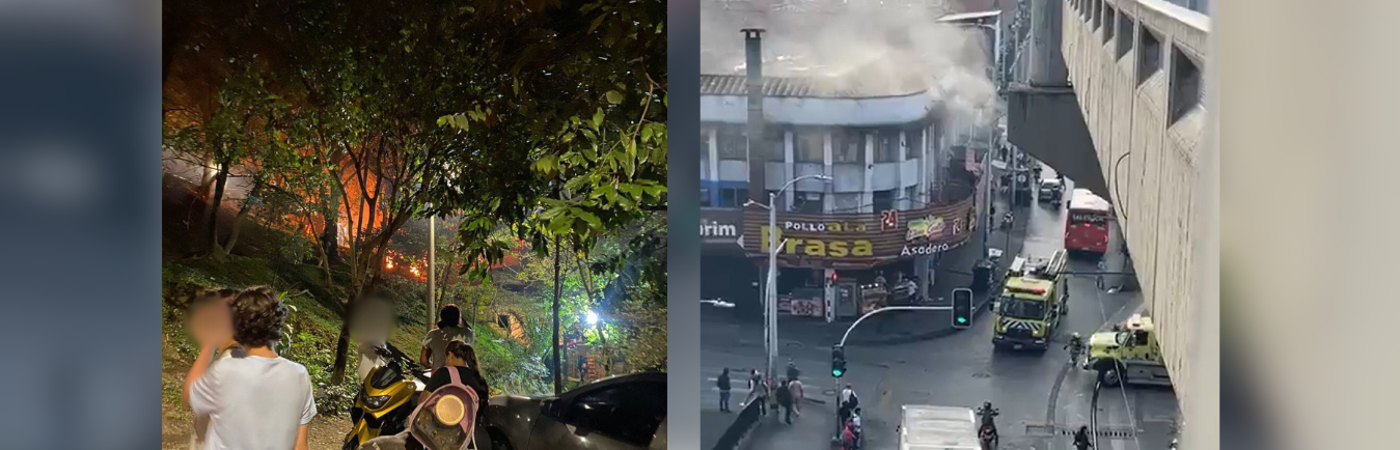 Incendio en la comuna 6 Doce de Octubre (Izq) Incendio en el Centro (Der). /FOTOS: REDES SOCIALES