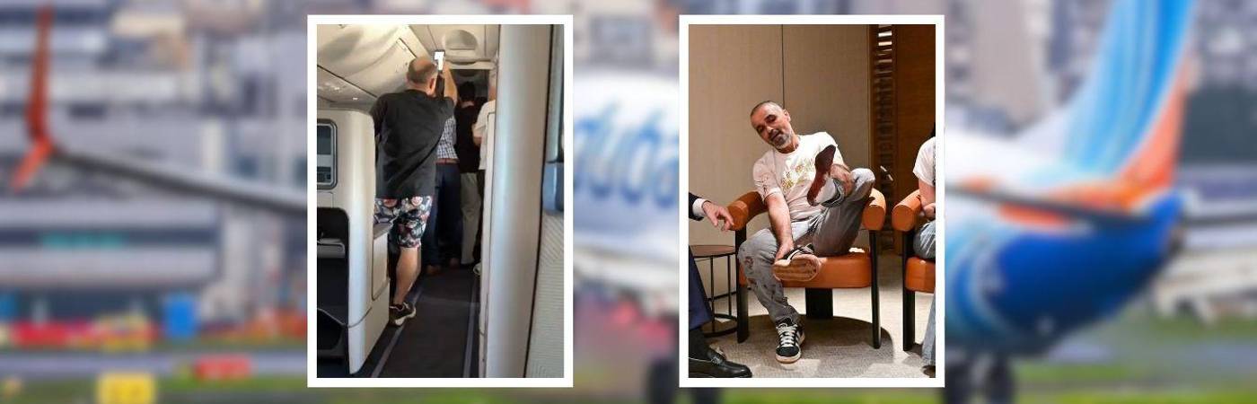 Varios pasajeros ingresaron a la cabina para detener la riña. A la derecha, Yaniv, uno de ellos, le explica a Benjamin Netanyahu lo que pasó. FOTOS: INSTAGRAM @FLYDUBAI (FONDO) Y X @ARUTZSHEVA_EN Y @RADARAUSTRAL_