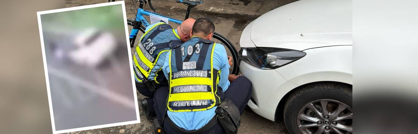 Inspección del vehículo y momento en el que fue arrollado el ciclista. FOTOS: ALCALDÍA DE MEDELLÍN Y CAPTURA DE VIDEO