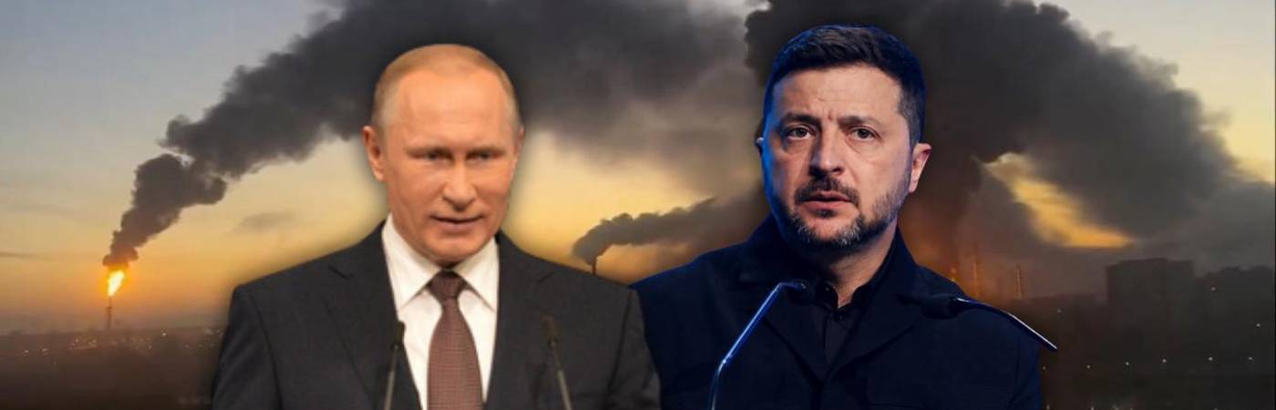 Vladimir Putin, presidente de Rusia (Izq.) y Volodímir Zelensky, presidente de Ucrania. FOTOS: TOMADAS DE X @VIJESTI11111 (FONDO), @RT_ON_X (ZELENSKY) Y COLPRENSA (PUTIN) 