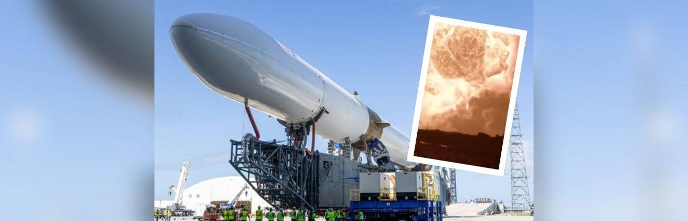 El New Glenn (al fondo) explotó durante un hotfire, es decir, una prueba de encendido sobre su base. FOTOS: INSTAGRAM @BLUEORIGIN Y CAPTURA DE VIDEO YOUTUBE SPACE.COM