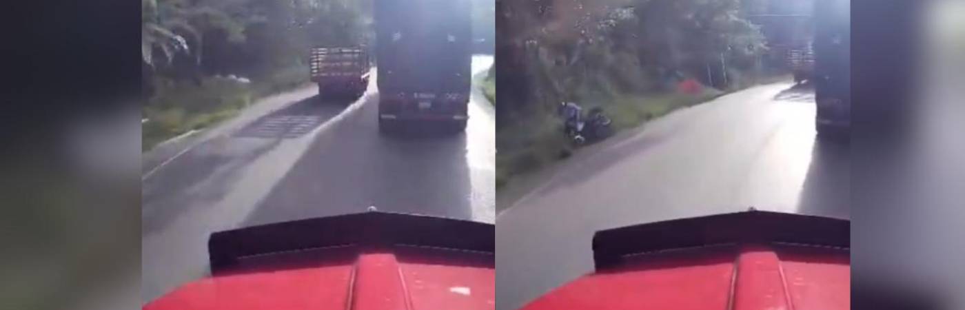 Este es el momento en el que un furgón, al adelantar en una curva, hizo caer a un motociclista. FOTO: MEDELLÍN OSCURA