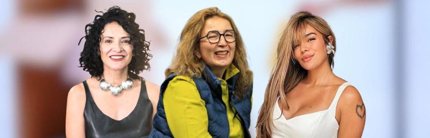 De izquierda a derecha: Claudia Restrepo, rectora de la Universidad Eafit; Luz María Sierra, directora del periódico El Colombiano; y la cantante Karol G. FOTOS: EAFIT, CAMILO SUÁREZ E INSTAGRAM @KAROLG
