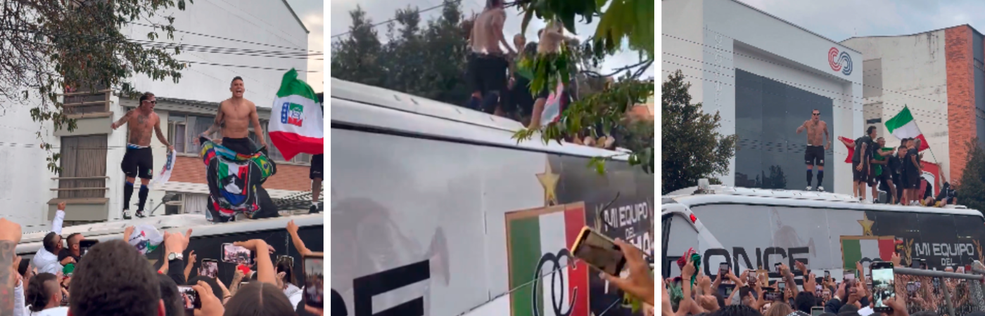 Jugadores de Once Caldas celebrando encima del bus, previo al partido ante Independiente del Valle. /FOTOS: TOMADAS DE VIDEO 