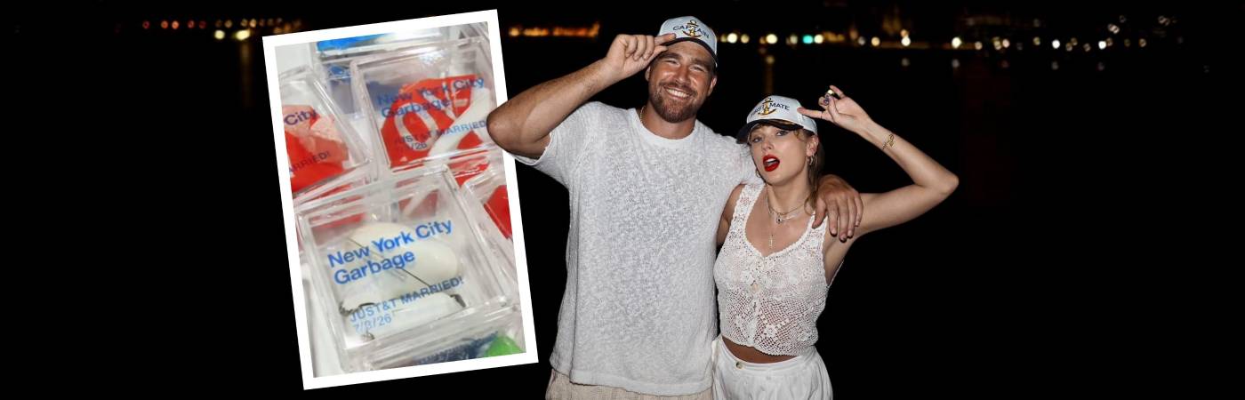 Travis Kelce y Taylor Swift. En la foto destacada la basura vendida. FOTOS: INSTAGRAM @killatrav Y CAPTURA DE VIDEO @justingignac