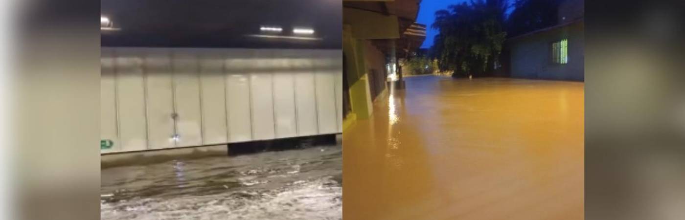 Inundación en el soterrado de Parques del Río (izq.) y la inundación en el área urbana de Zaragoza, Bajo Cauca antioqueño (der.). FOTOS: REDES