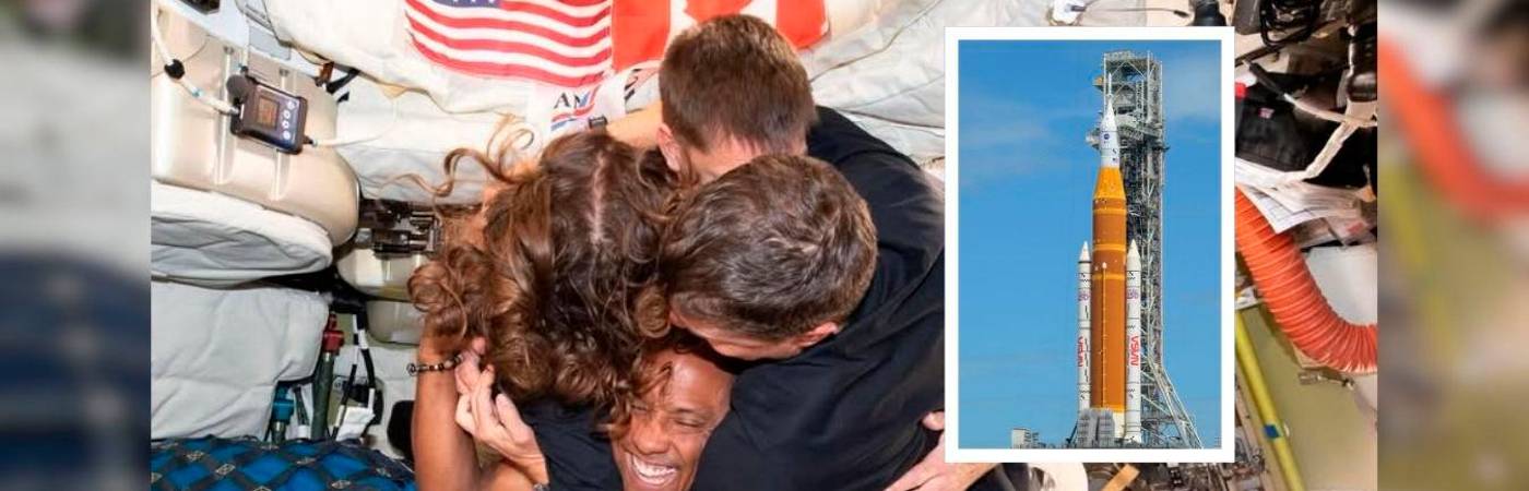 Los astronautas de la misión abrazados en el espacio y, en detalle, el cohete Artemis II y la nave espacial Orion. FOTOS: IG @nasaartemis