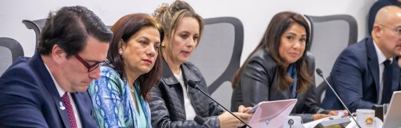 Alexandra Falla (segunda de izq. a der.), ministra de Tecnologías de la Información y las Comunicaciones, en sesión ante la Comisión Segunda de la Cámara de Representantes. FOTO: CORTESÍA MINTIC