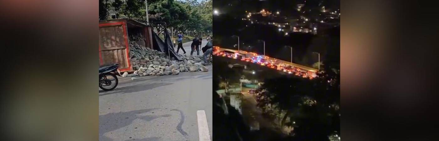 Volqueta volcada en Copacabana provocó inmenso trancón. FOTO: DENUNCIAS ANTIOQUIA
