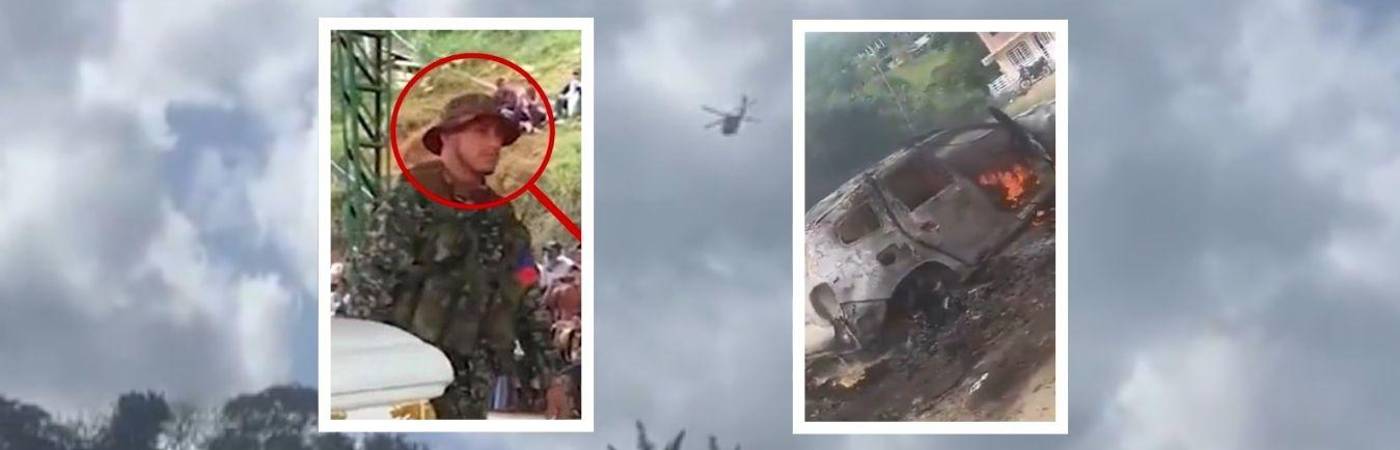 Al fondo, el helicóptero del Ejército; al frente, alias Ñeque y el vehículo incinerado por dron con explosivos. FOTOS: X @LAHORADELAVERDAD Y COLPRENSA
