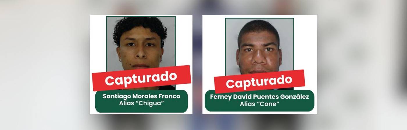 Capturados dos hombres incluidos en el cartel de los más buscados en Antioquia. FOTO: SECRETARIA DE SEGURIDAD Y JUSTICIA DE ANTIOQUIA