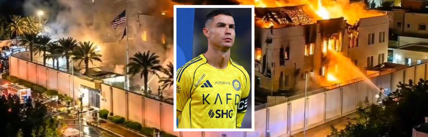 Al fondo, bombardeo a la embajada de Estados Unidos en Arabia Saudita y Cristiano Ronaldo (detalle). FOTOS: RED SOCIAL X @CATRINA_NORTENA Y @CRISTIANO (DETALLE)