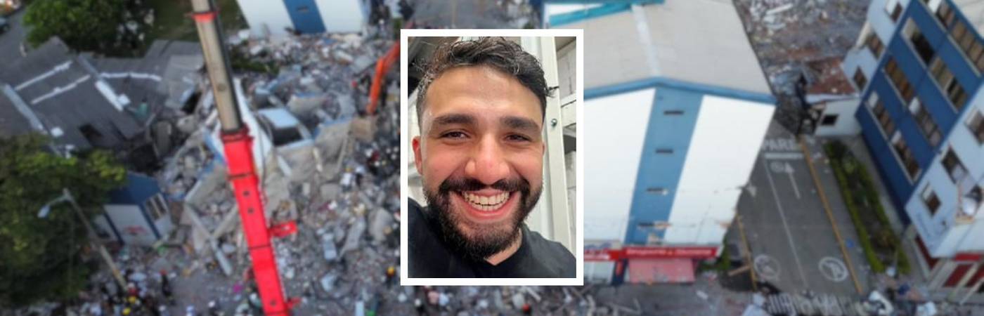 Él era Juan Felipe Giraldo. El terremoto le quitó la vida en Pereira. FOTOS: MANUEL SALDARRIAGA (FONDO) Y TOMADA DE DIARIORIENTE (DETALLE)